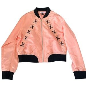 Love By Design Pink and Black Bomber Jacket with Lace-Up Detail